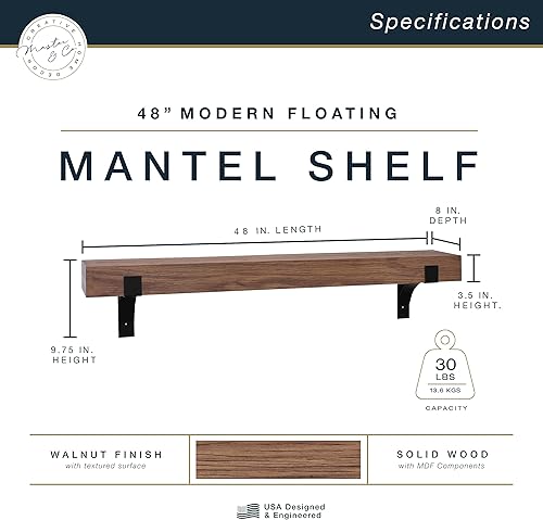 Miniatura 2 de Master & Co. Moderno mantel flotante con soportes de metal negro, estantes flotantes largos para decoración de pared, 48 pulgadas, madera de nogal