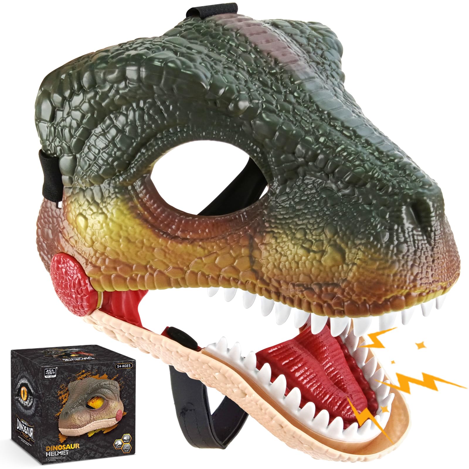 Audasi Dino Mask Dinosaur Mask Moving Jaw Hard Plastic Halloween Masks Electric Dinosaur Toy Simulated Velociraptor Face Mask with Open Mouth Funny Halloween Party Cosplay Props for Kids Adults