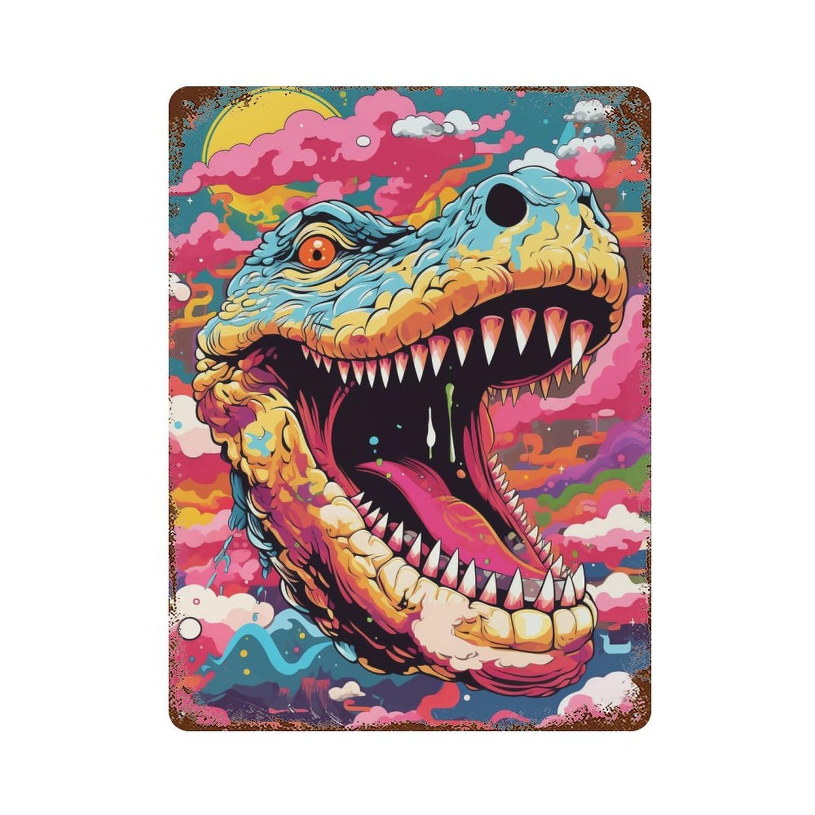 Rusty Metal Tin Sign Colorful Dinosaur Art Print -2 15.7"x11.8", Rustic Home Decor for Shed, Workshop And Garage Wall Decor