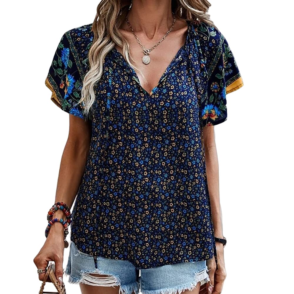 MayntopWomen Bohemia Daisy Floral Flower Pattern Short Sleeve V-Neck Ethnic Cottagecore Top