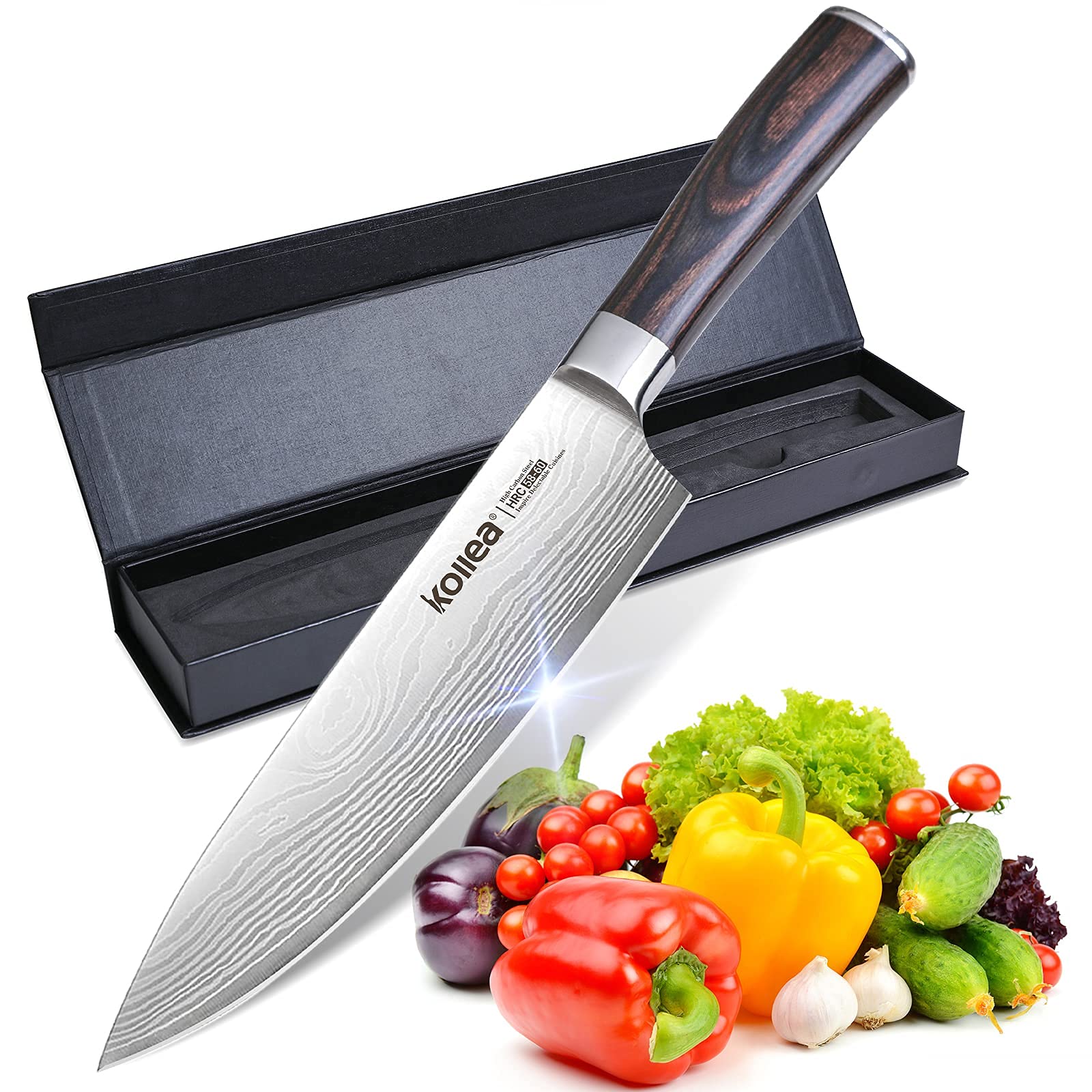 Kollea Chef Knife, 8 Inch Professional Sharp Chef's Knife, High Carbon Stainless Steel Kitchen Cutting Knife with Ergonomic Wooden Handle and Ideal Box for Family & Friend, Dark Brown