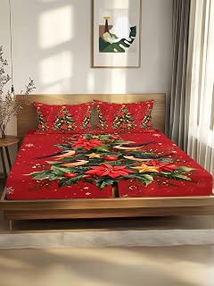Full Fitted Sheet,Merry Christmas Tree Red Poinsettia Soft Microfiber Deep Pocket Bed Sheets Set,Snowflakes Bird Pine Tree Leaf Breathable Bottom Sheets with Pillowcase,Fits Mattress Up to 16"