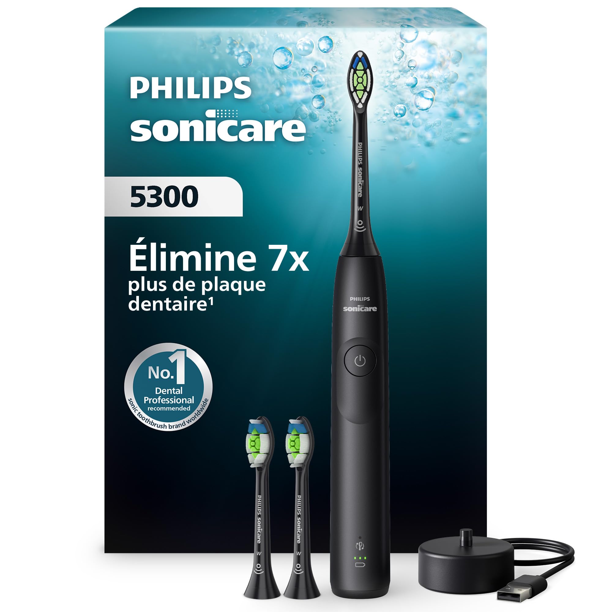 Philips Sonicare 5300 - Brosse à dents électrique sonique avec 2 niveaux d'intensité, Alerte de pression, EasyStart, SmarTimer et BrushPacer, Noir, modèle HX7101/04 [Nouvelle technologie]
