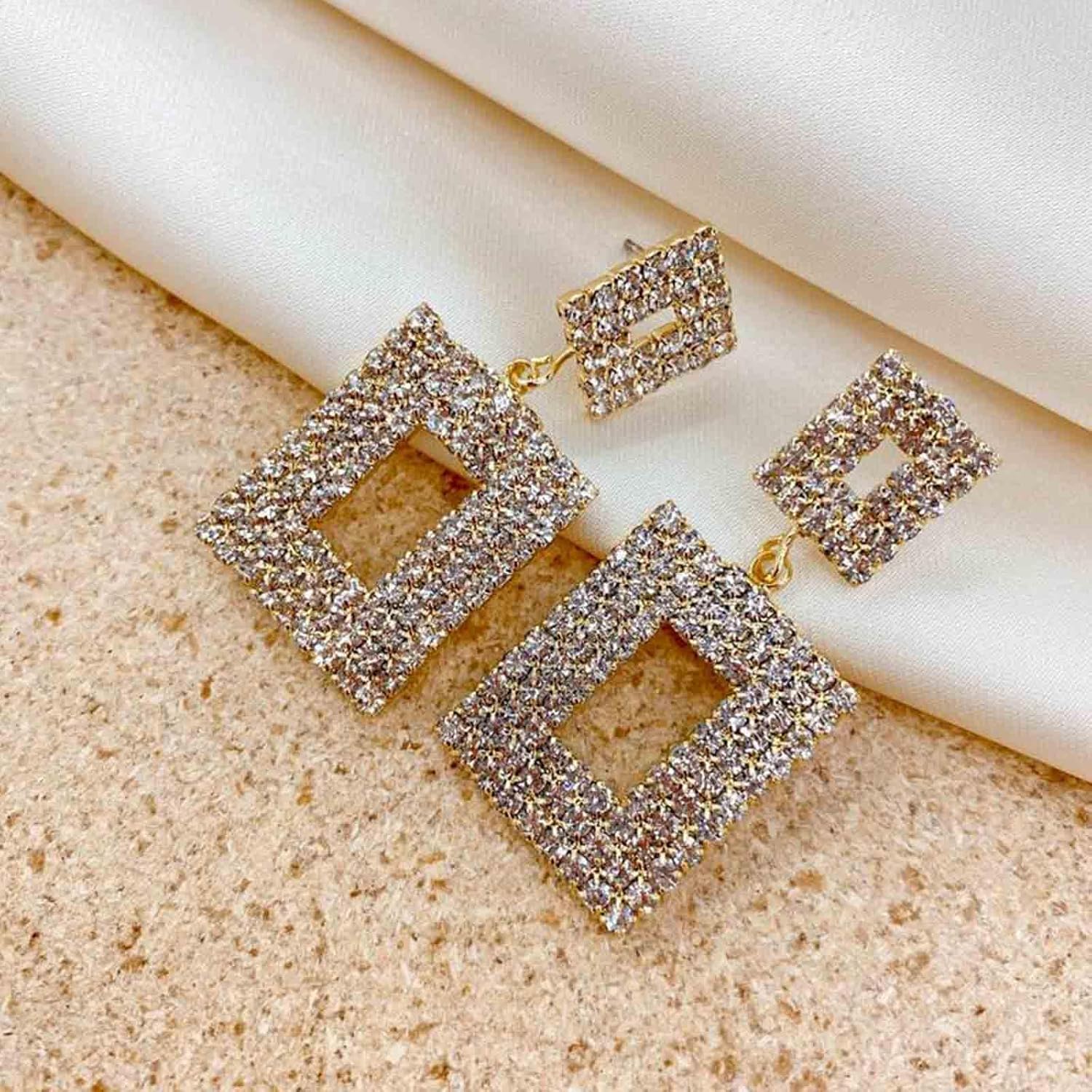 W WEILIRIAN Boho Crystal Square Dangle Earrings for Women Rhinestone Square Drop Earrings Gold Hollow Square Earrings Statement Geometric Earrings Sparkly Dangle Earrings Jewelry for Girls - Image 3