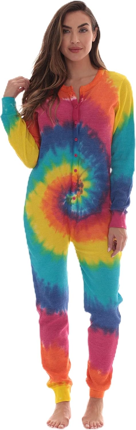 #followme Womens Henley Thermal Onesie Buffalo Plaid and Tie Dye