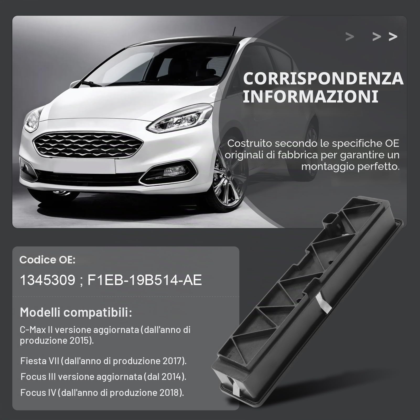 Maniglia per bagagliaio posteriore 1345309 con microinterruttore – per Fiesta MK7 Focus MK3/MK4 C-Max | Maniglia per portellone posteriore