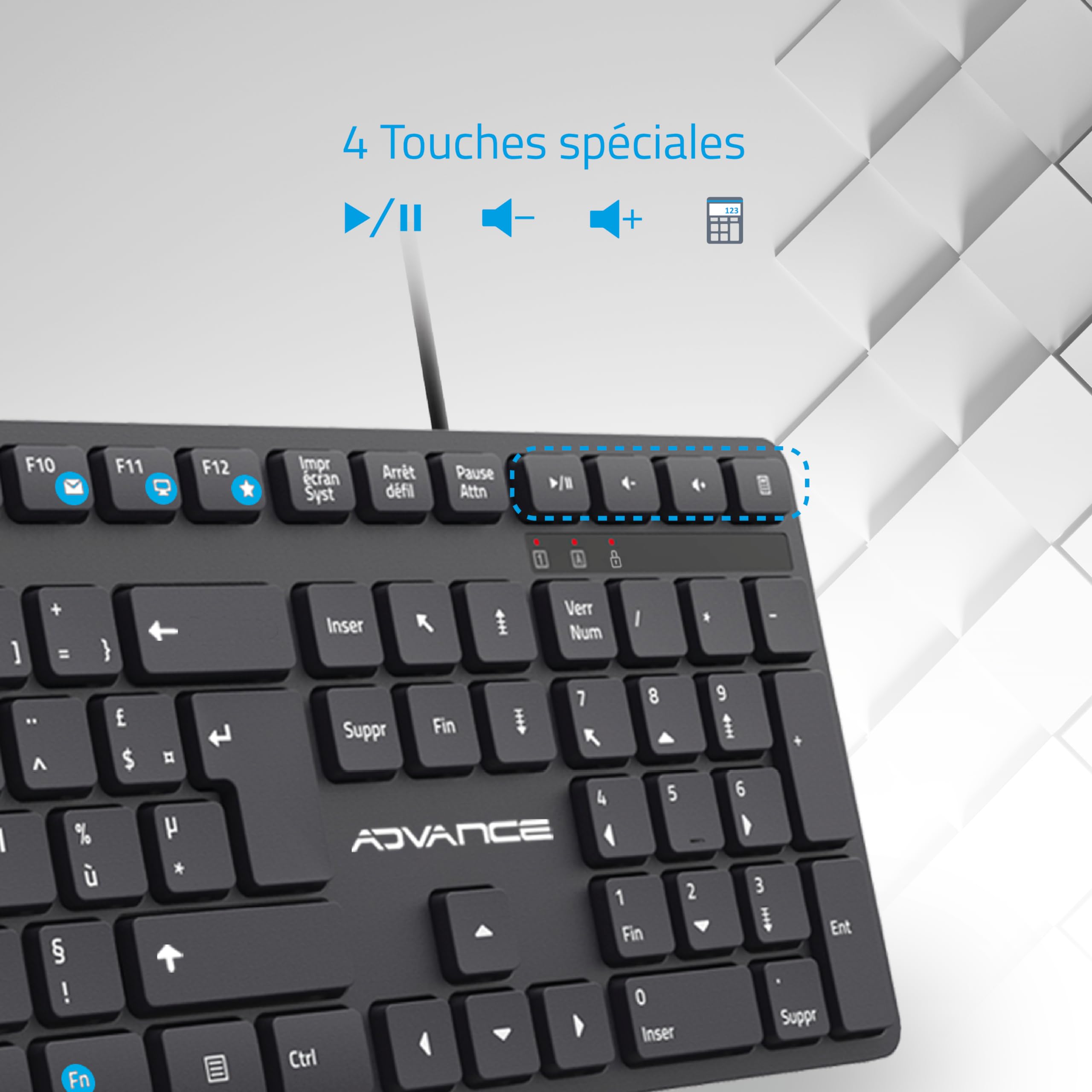Workmate Plus : Kit Bureautique Complet pour PC/Portable/Clavier USB multimédia AZERTY + Souris USB 4 Boutons 2400 DPI/Touches et Clics Ultra Silencieux
