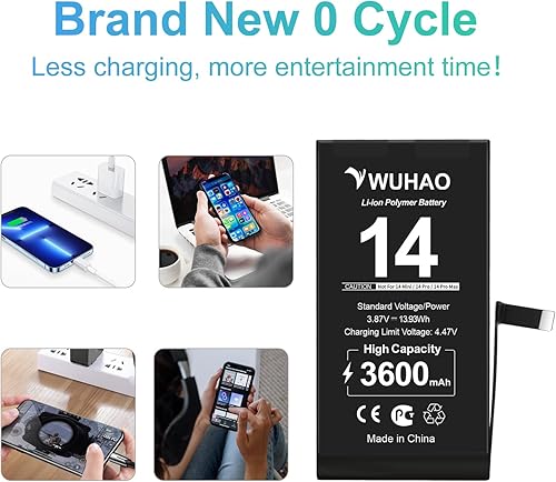 Miniatura 5 de WUHAO Batería de repuesto para iPhone 14, capacidad mejorada de 3600 mAh para 14 baterías A2882 A2649 A2881 A2884 A2883 con protector de lente de