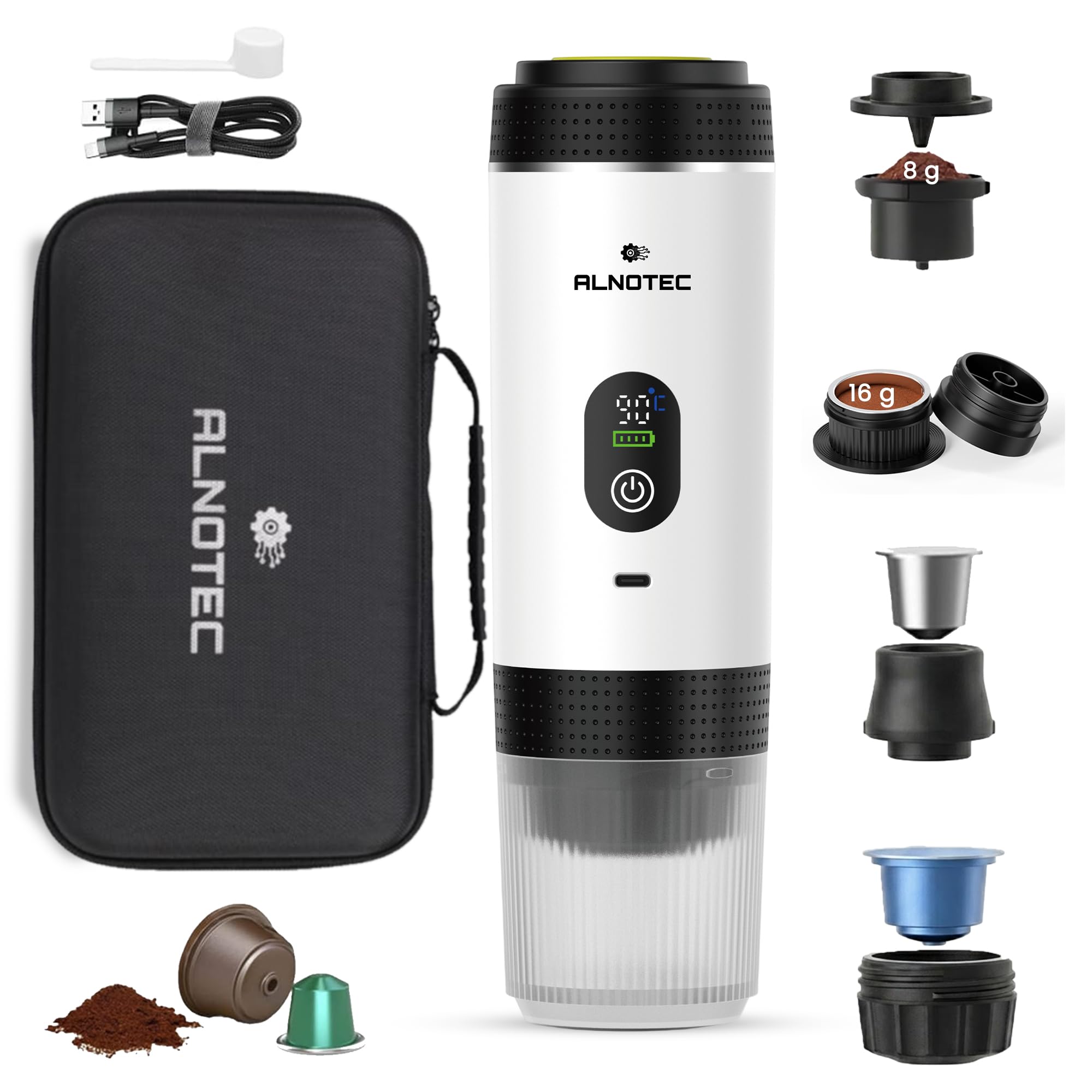 Cafetera portátil eléctrica 20 bar auto-Calffante - 3 en 1 compatible con cápsulas NES®, DG® y café molido - 2 adaptadores de café molido 8 g y 16 g - LED - USB-C (blanco, + bolsa)