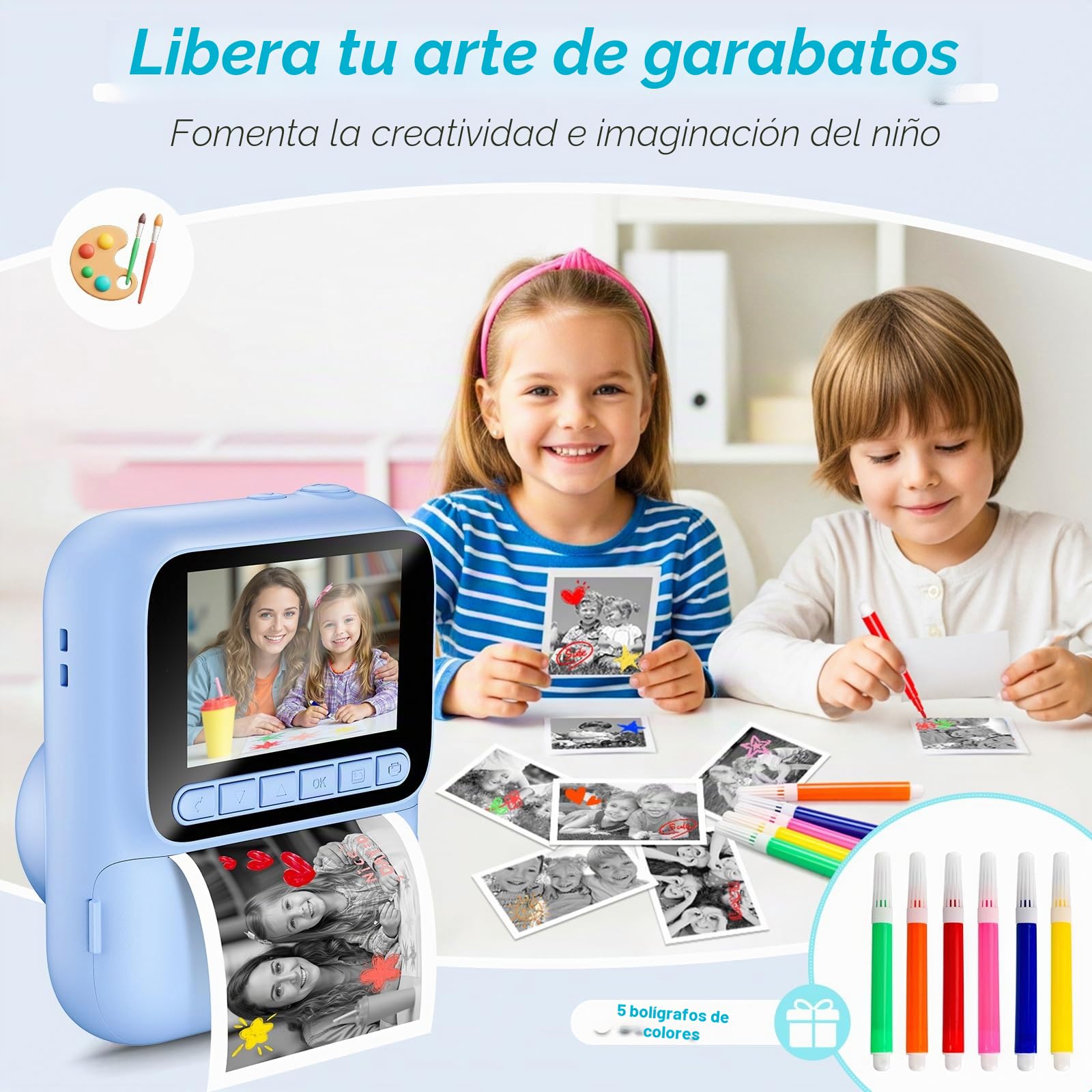 Cámara de Fotos Instantáneas para Niños,Camara Instantánea de 1080P con 5 Rollos de Papel de Impresión,Tarjeta de 32GB y Bolígrafos de Colores,Cámara Digital Portátil para Niños de 3-14 Años (Azul)