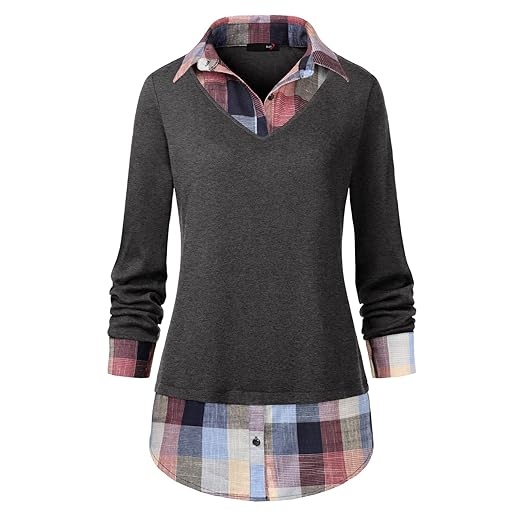 DJT Women's Contrast Plaid Collar 2 in 1 Blouse Tunic Tops XL Dark Grey
