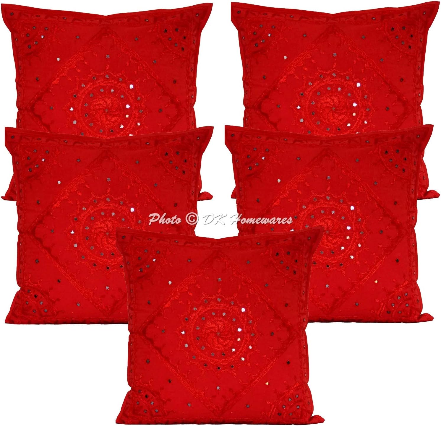 Boho Decorative Couch Throw Pillow Covers 24 Inch Cotton Embroidered Bohemian Ethnic Square Toss Cushion Covers (Size - 60x60 cm ; Color: Red) - Set of 5 Pcs (Cover Only)
