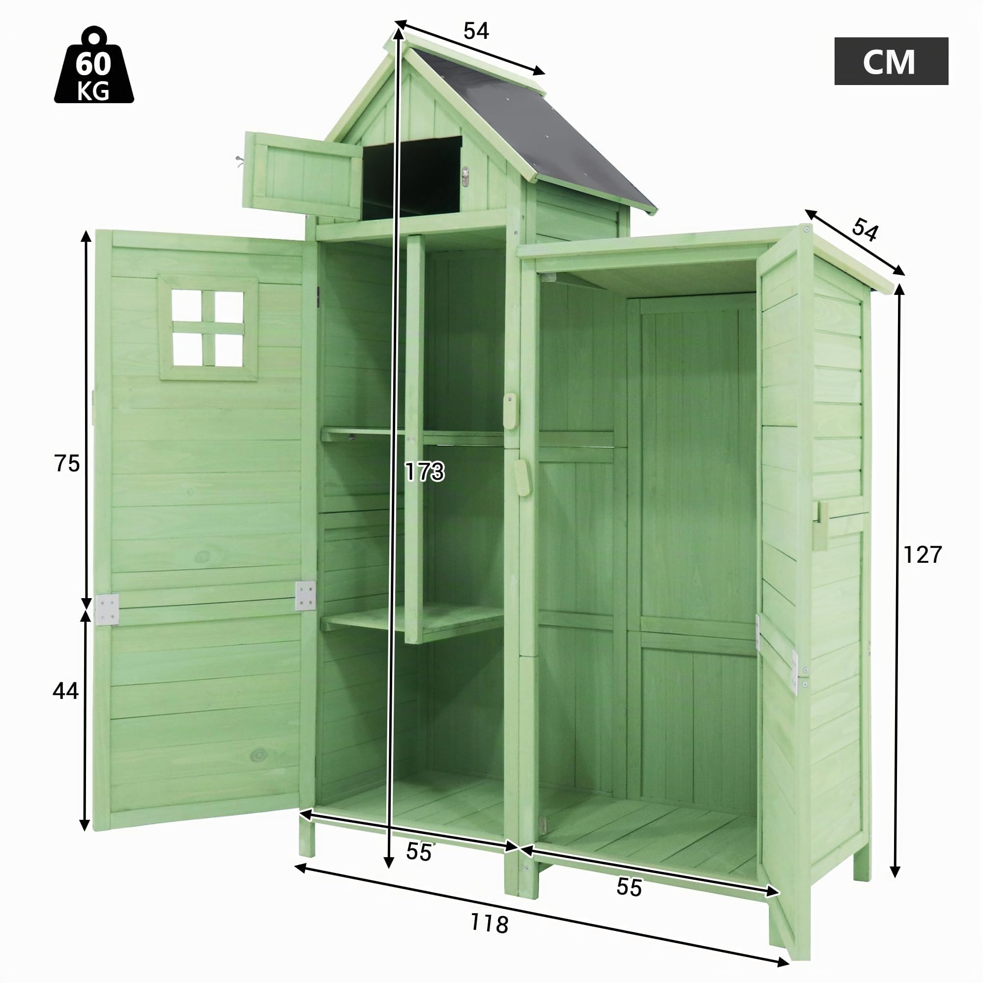 Casetta per attrezzi da giardino, resistente alle intemperie, in legno, per esterni, in PVC, 118 x 54 x 173 cm (larghezza x profondità x altezza), verde