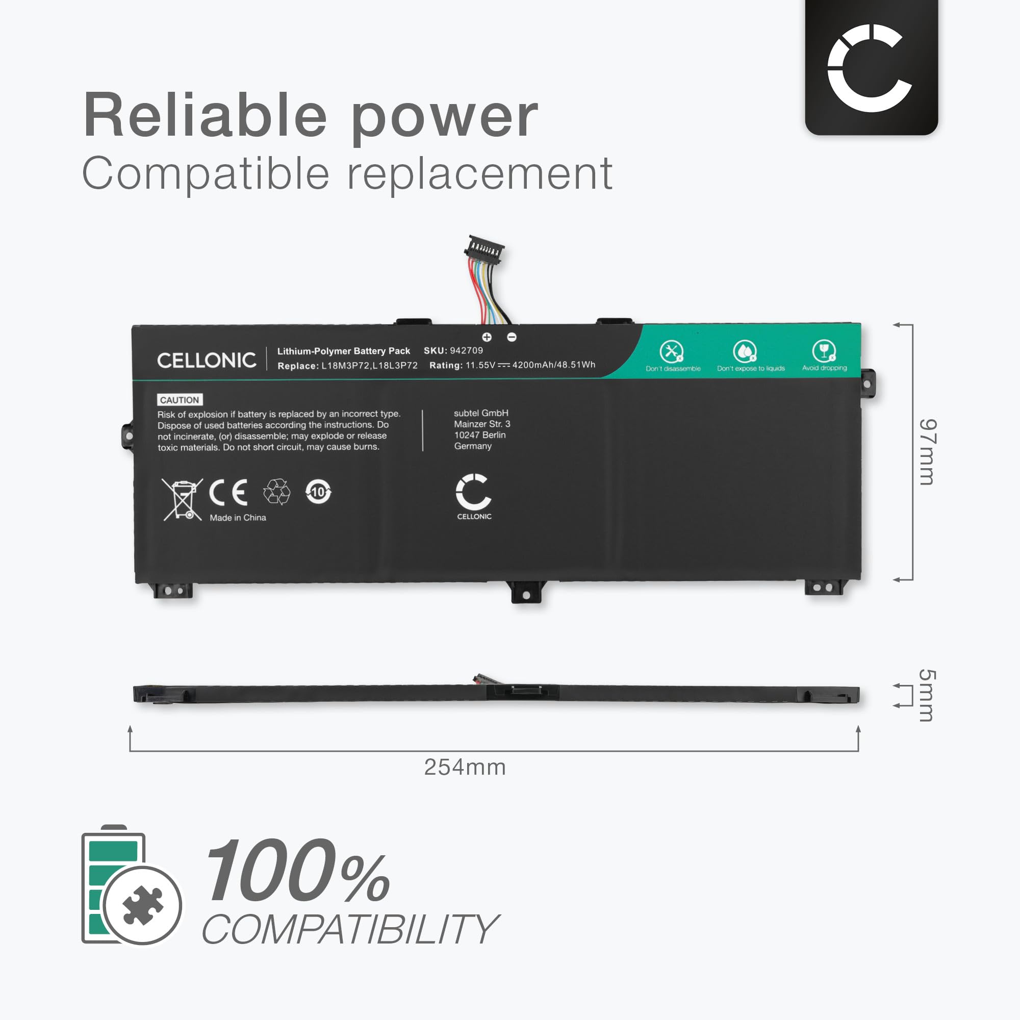 CELLONIC Bateria kompatybilna z Lenovo ThinkPad X13 Yoga, X390 Yoga, kompatybilna z Lenovo 5B10W13927, 5B10W13928, L18L3P72 4200mAh 11,55V