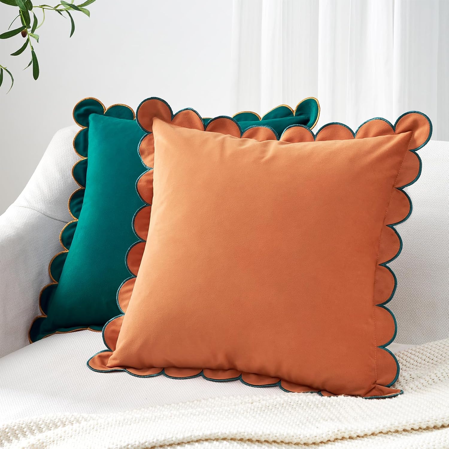 MONDAY MOOSE Decorative Throw Pillow Covers Cushion Cases, Set of 2 Soft Velvet Scalloped Round Edge Designs, Mix and Match for Home Decor, Pillow Inserts Not Included (20x20 inch, Coral/Dark Teal)