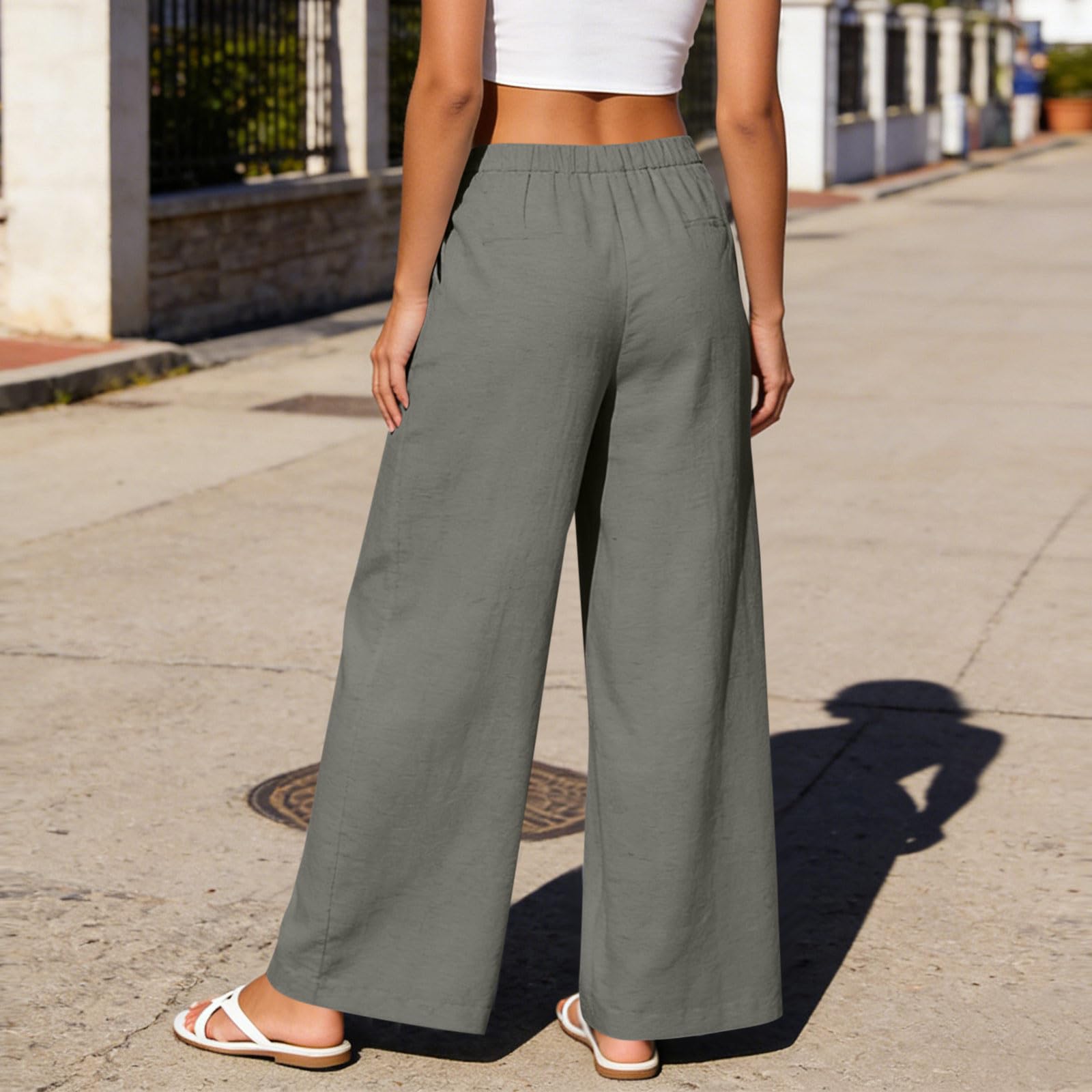AACH Leinenhose Damen Sommer Stoffhose Lang Weites Bein Hose Einfarbig Leicht Sommerhose Musselin Gerade Geschnitten Hosen Knöpfen Reißverschluss Freizeithose mit Taschen Anzughose - 4