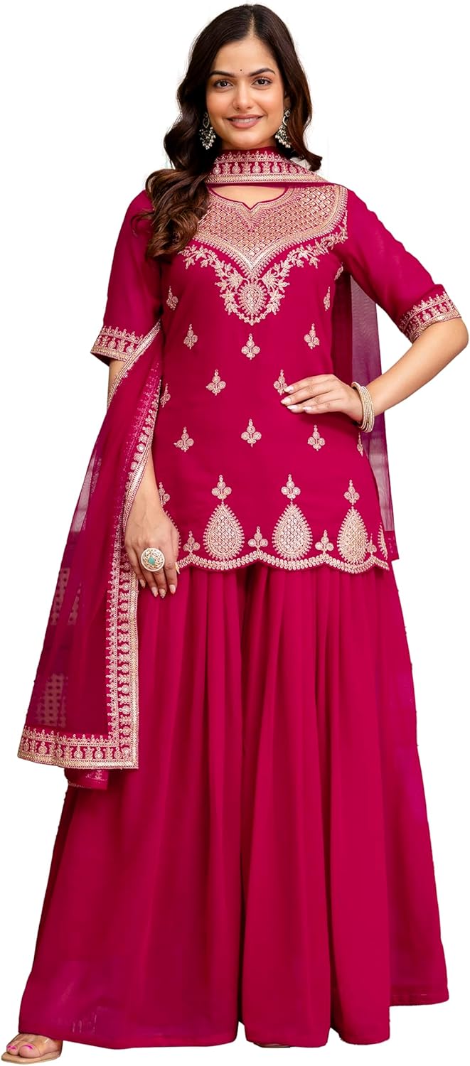TRENDMALLS Women's Georgette Embroidery Sequence Work Kurta Palazzo Set with Dupatta For Women