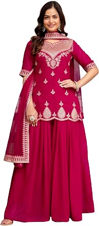 TRENDMALLS Womens Georgette Embroidery Sequence Work Kurta Palazzo Set with Dupatta For Women