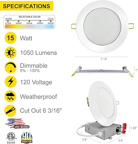 Miniatura 2 de NUWATT Paquete de 6 luces LED empotrables ultrafinas de 6 pulgadas, seleccionables 2700 K3000 K3500 K4000 K5000 K, alto brillo, 1050 lúmenes,
