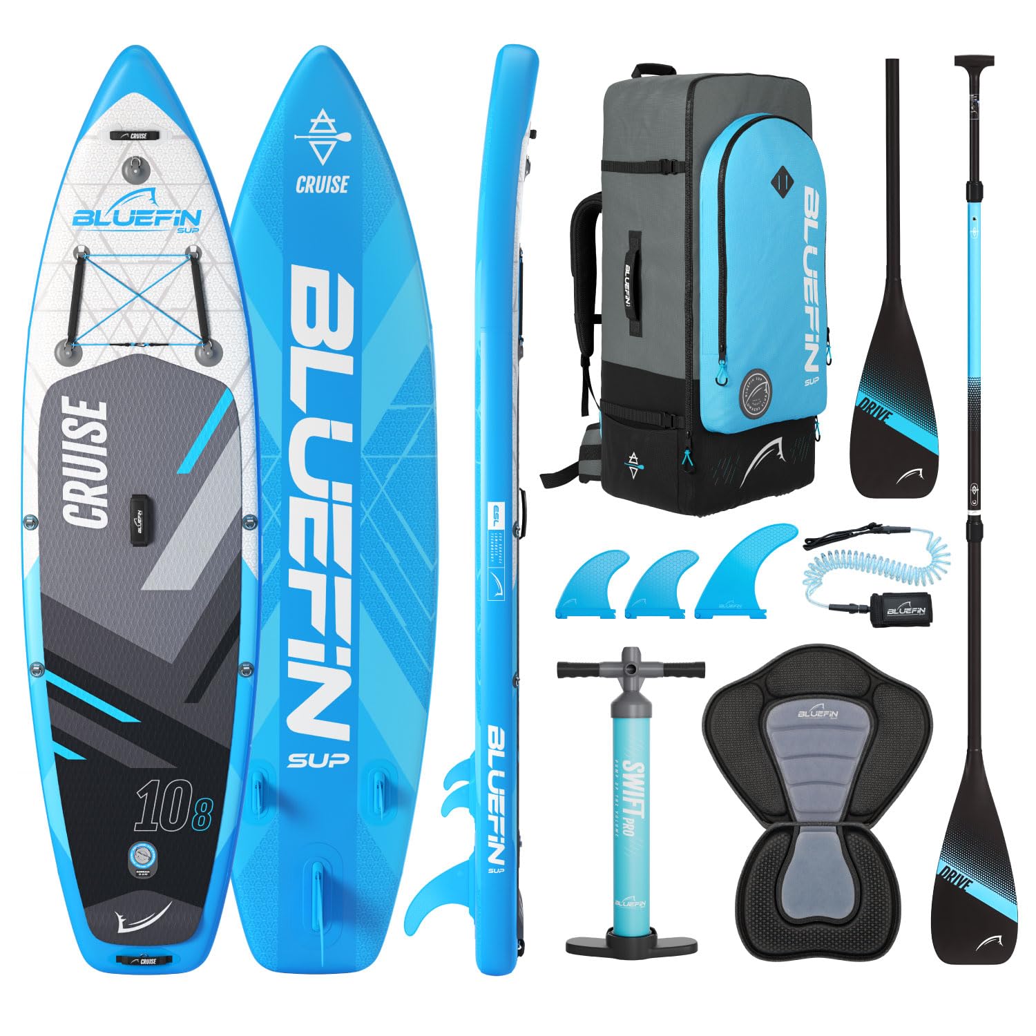 Bluefin Cruise SUP Boards Premium Stand Up Inflatable Paddle Board Stable Design Non-Slip Design with Fibreglass Paddle & Accessories 5 Year Warranty Multiple Sizes for Adults
