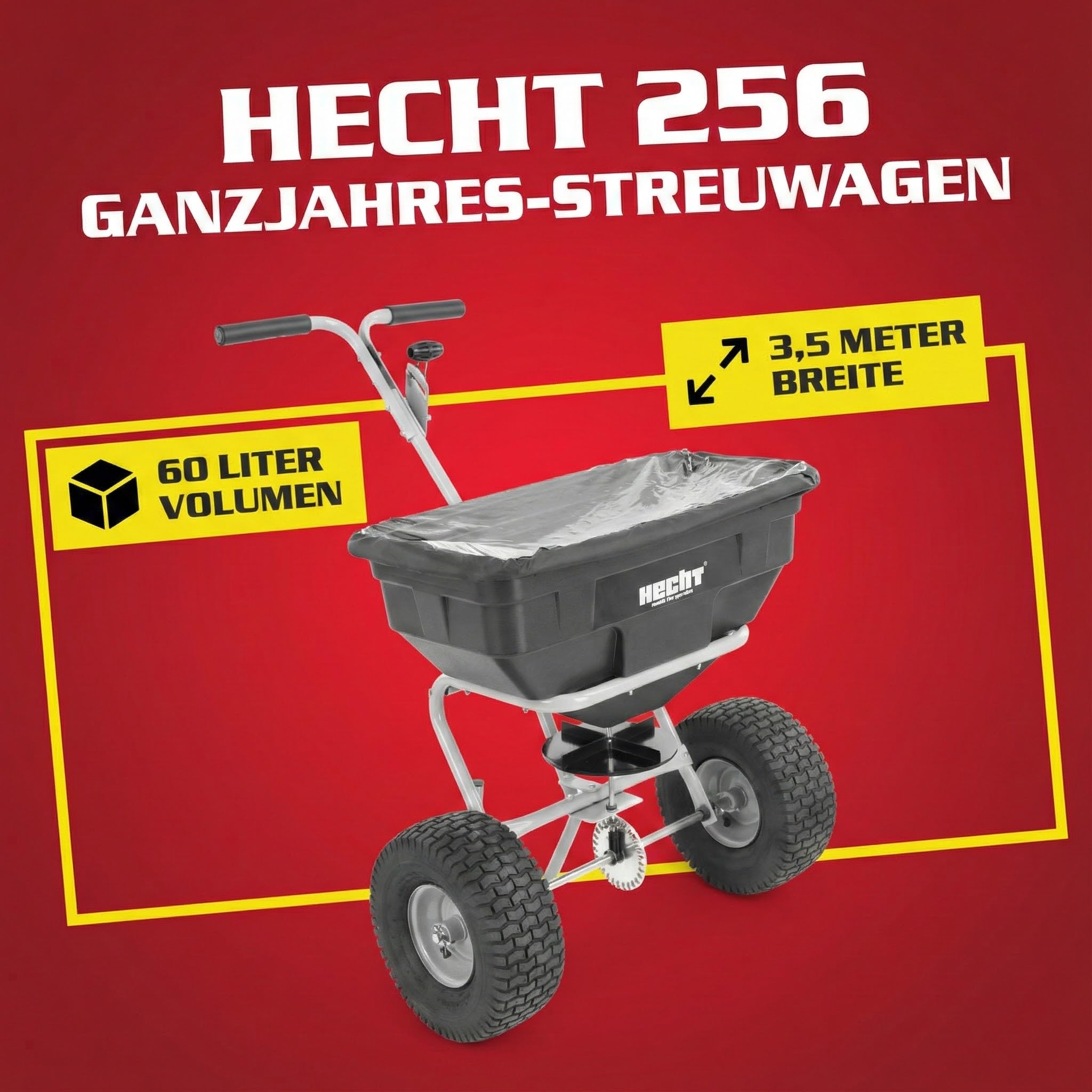 HECHT Ganzjahres Streuwagen 60 L – Düngerstreuer & Salzstreuer | Schleuderstreuwagen mit 3,5 m Streubreite – Rasendüngerstreuer für Sommer, Winter, Garten, Rasen und Gehwege