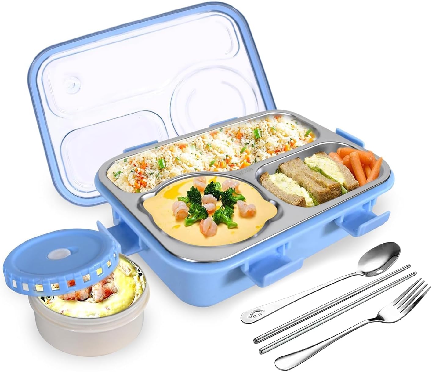TEC TAVAKKALLunch Box 3 Compartment Leak-Proof BPA Free Stainless Steel Lunch Box for Kids, Lunch Box for School & Office with a Fork, a Spoon and a Pair of Chopsticks (Blue), 750 ml