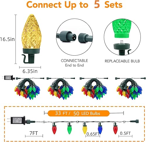 Miniatura 4 de Luces LED C9 de Navidad para exteriores, 33 pies, 50 LED, 8 modos de iluminación, impermeables, conectables, tira de luces de Navidad para