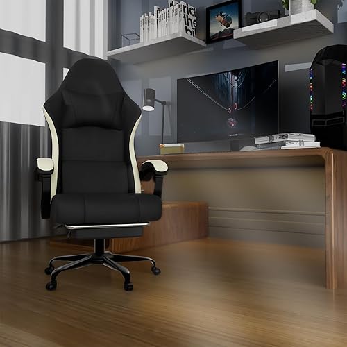 Miniatura 2 de Silla ergonómica para juegos con cojín de resorte con bolsillos, silla de computadora de tela transpirable con reposapiés, soporte lumbar ajustable,