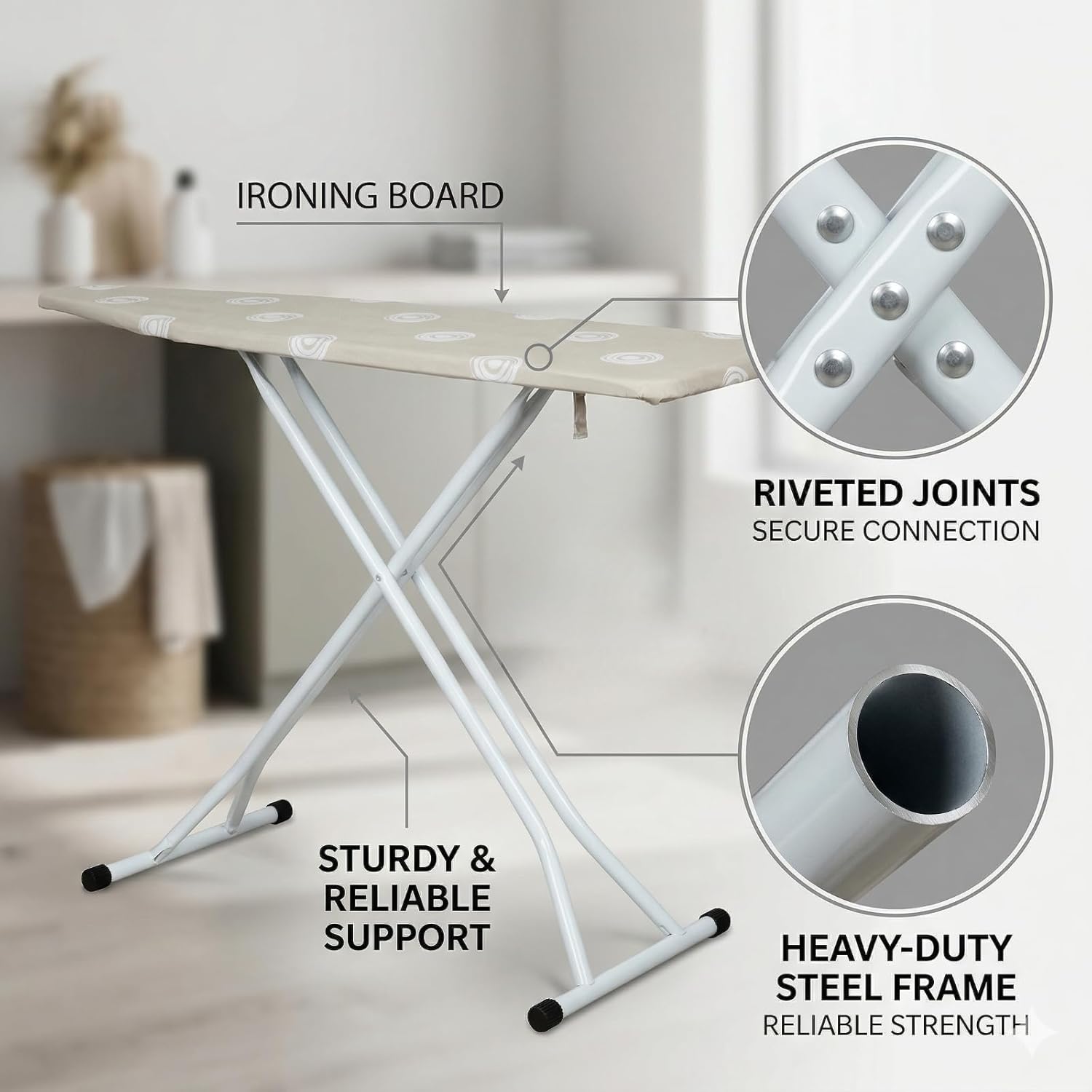 Full-Size Folding Ironing Board with Perforated Steel Top, Adjustable Height up to 35 Inches, Cotton Cover and Pad Included, Lightweight T-Leg Design for Laundry Room and Dorm Storage
