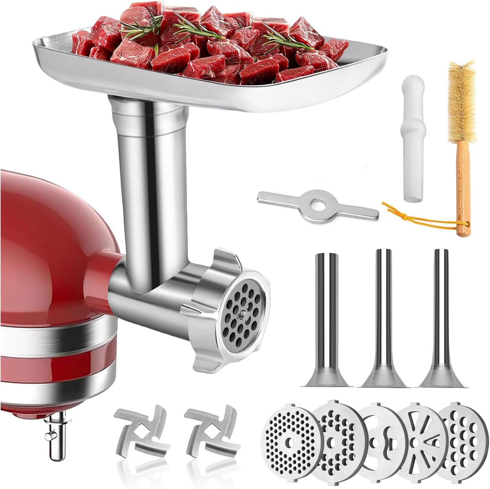 HOMGEN Meat Grinder Attachment for All Kitchenaid Stand Mixers - Food Meat Grinder Attachment Included 3 Sausage Stuffer Tubes๏ผ5 Grinding Plates๏ผ2 Grinding Blades๏ผ1 Brush(Not Dishwasher Safe)