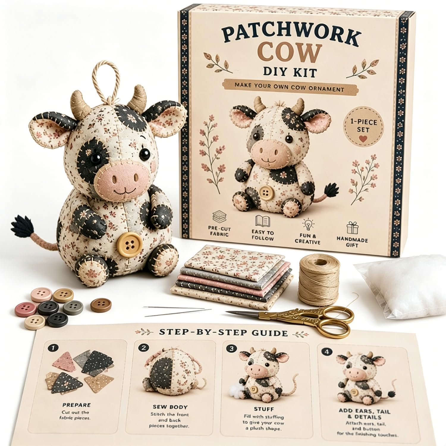 DIY Patchwork Animal Kit, Handmade Sewing Craft Kit with Pre-Cut Fabric & Stuffing, Create Your Own Adorable Animals, 3D Cute Patchwork Animal DIY Kit Beginners, Craft Lovers (Dairy Cow)