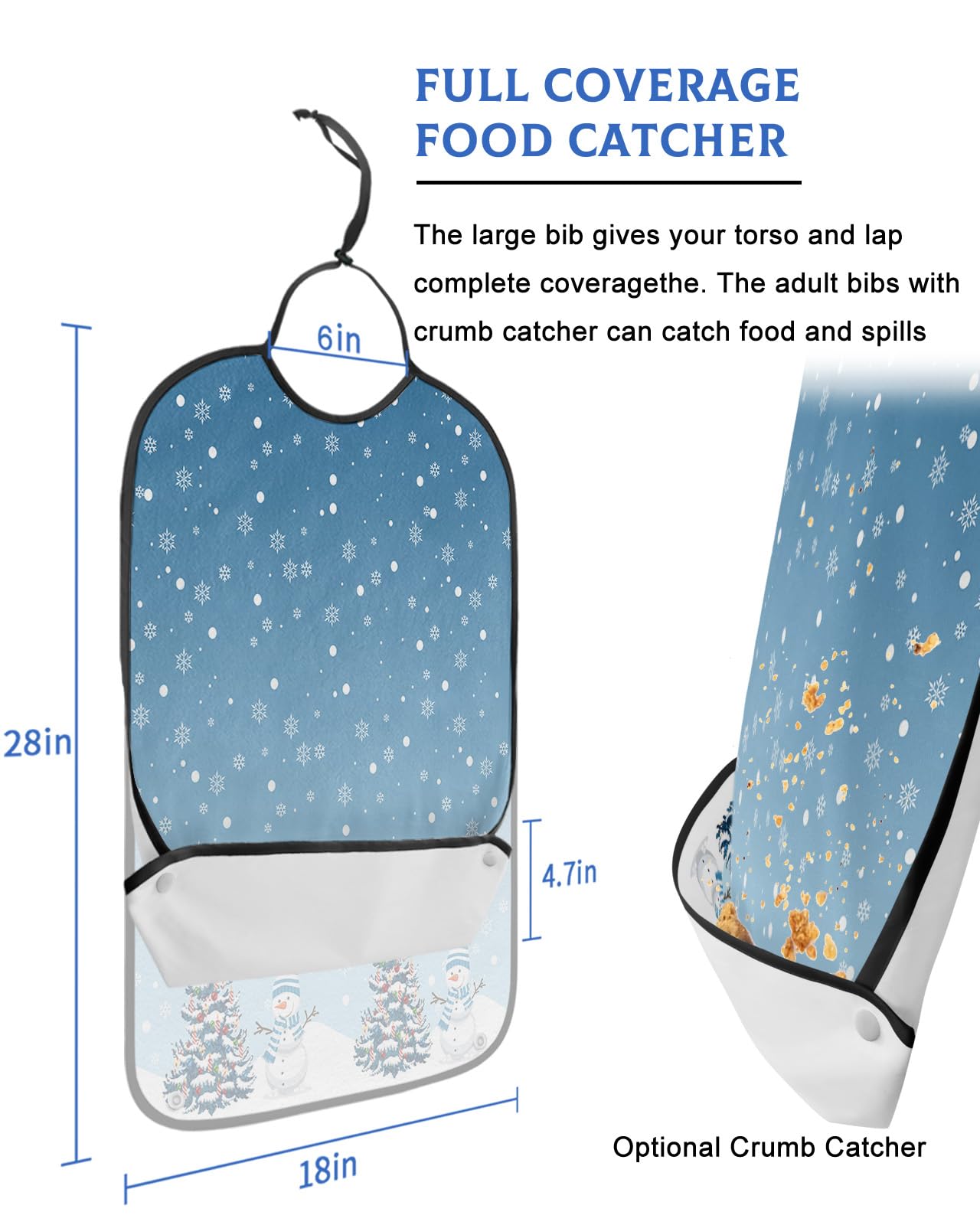 LEOKOTI Navy Blue Snowman Christmas Adult Bibs for Eating, Waterproof Bibs with Food Catcher & Adjustable Snap Closure, Winter Snowflake Xmas Tree Washable Clothing Protectors Adult Bibs for Elderly