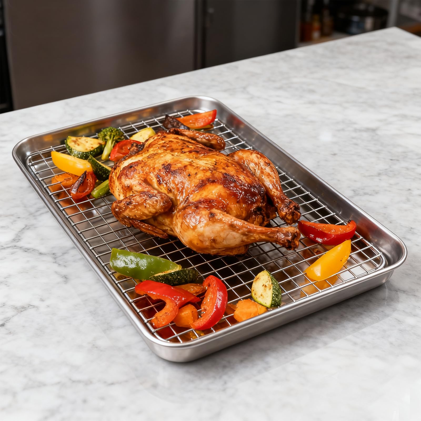 Teglia da Forno Rettangolare in Acciaio Inox con Griglia di Raffreddamento, Set 4 Pezzi (2 Teglie e 2 Griglie), 40,5 x 30,5 x 2,5 cm, Lavabile in Lavastoviglie