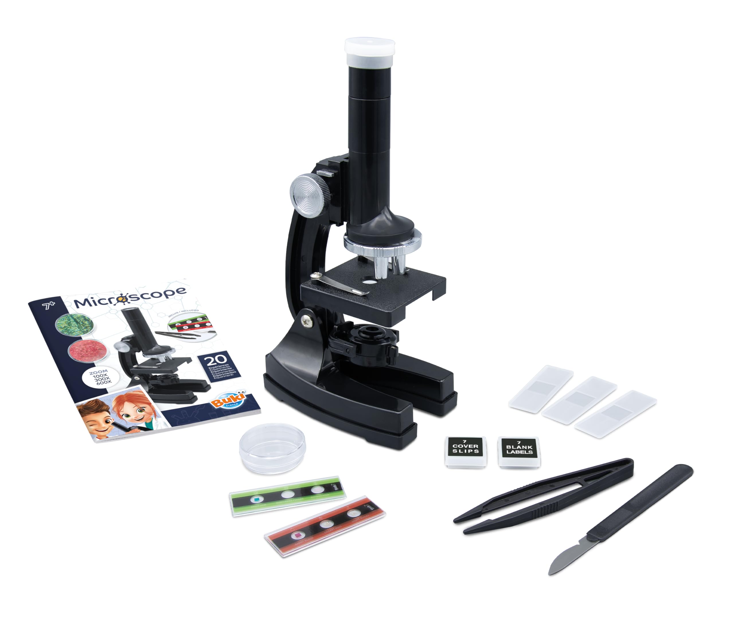 BUKI France – Microscope Enfant 100x 300x 600x – 20 Expériences Scientifiques – Lames prêtes à Observer – Kit Complet dès 7 Ans - MR450
