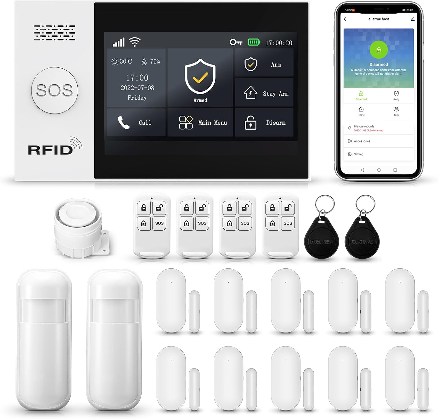 Touch Screen Alarm System for Whole House Security, WiFi Wireless Home Alarm 20 Piece Kit with Siren, PIR Motion Sensor, Window/Door Sensor, Remote Controls