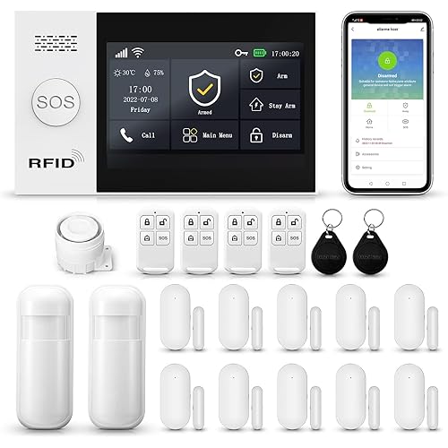 Touch Screen Alarm System for Whole House Security, WiFi Wireless Home Alarm 20 Piece Kit with Siren, PIR Motion Sensor, Remote Controls, Window/Door Sensor,Support SMS Push