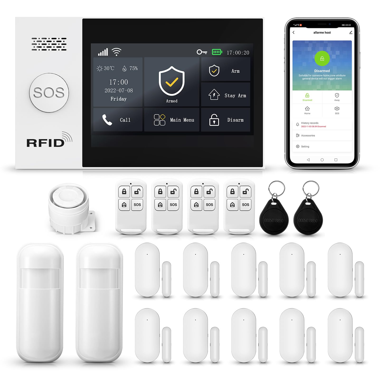 Touch Screen Alarm System for Whole House Security, WiFi Wireless Home Alarm 20 Piece Kit with Siren, PIR Motion Sensor, Window/Door Sensor, Remote Controls