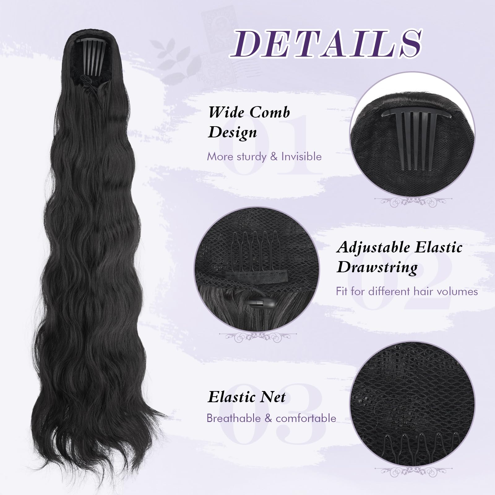 FESHFEN 75 cm Coda Cavallo Extension con Coulisse, Lunga Ricci Ondulati Coda Capelli Extension Sintetici Pettini Clip in Capelli Posticci, Nero Naturale Coda di Cavallo Naturale per Donna