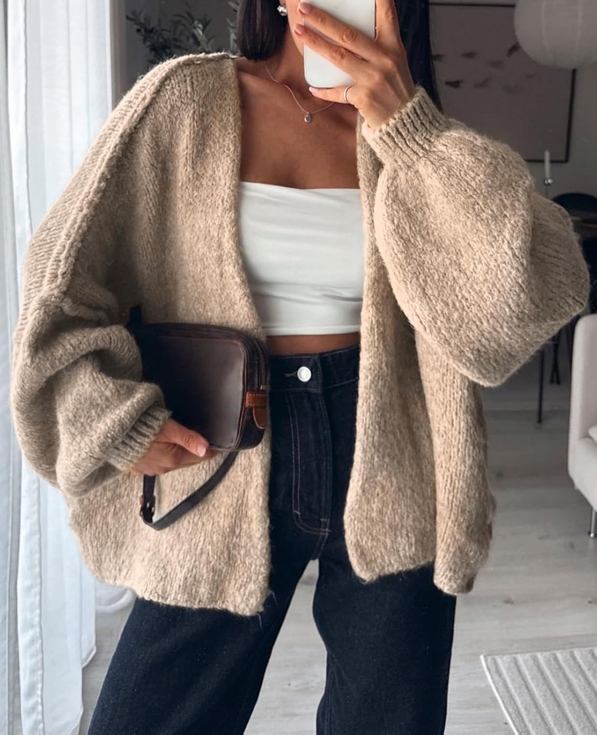 Womens Oversized Chunky Cardigan Lantern Sleeve Open Front Loose Fall Slouchy Sweater Coats - Image 7