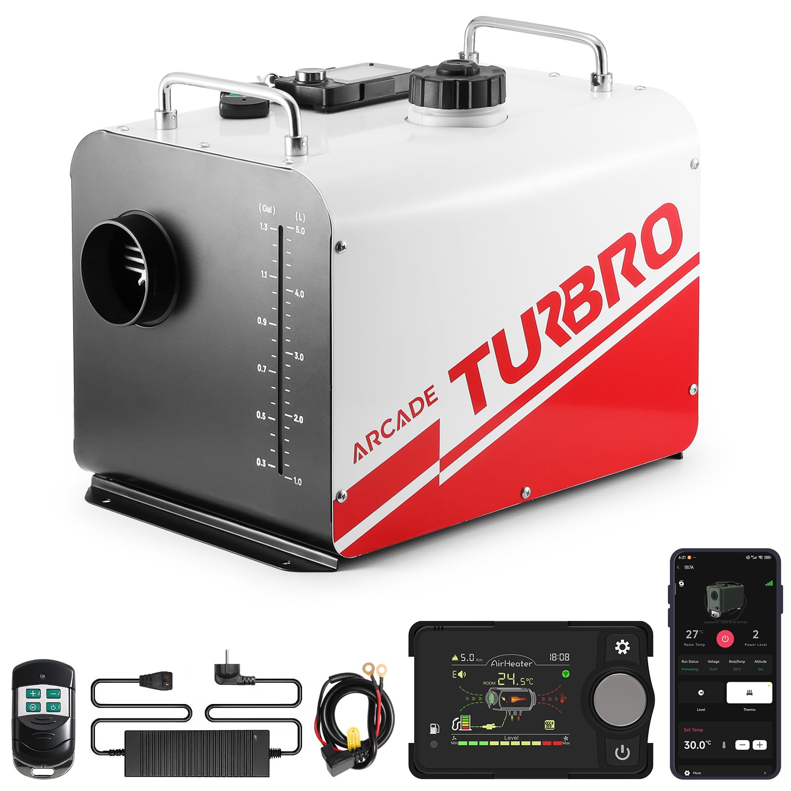 TURBRO Riscaldatore a Diesel, 8kW, Serbatoio di 5L | Compatibile 12V/24V, App Bluetooth e LCD, Timer Programmabile, Avviamento -40°C, Modalità Altitudine