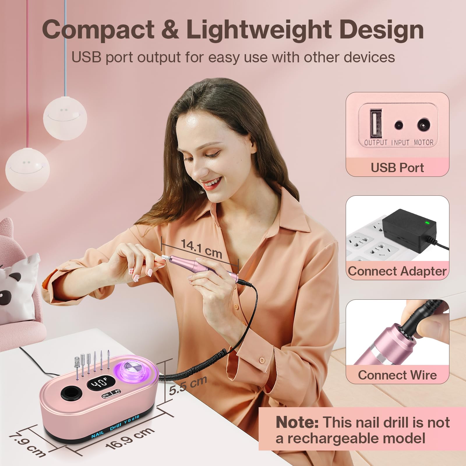 Ponceuse pour Ongles Professionnelle 40000 RPM 36 W, Urbuti 12 en 1 Ponceuse Ongles Portable avec Écran LCD & Support, Lime à Ongle Electrique Silencieux, Kit Manucure Pédicure pour Salon/Maison-Rose