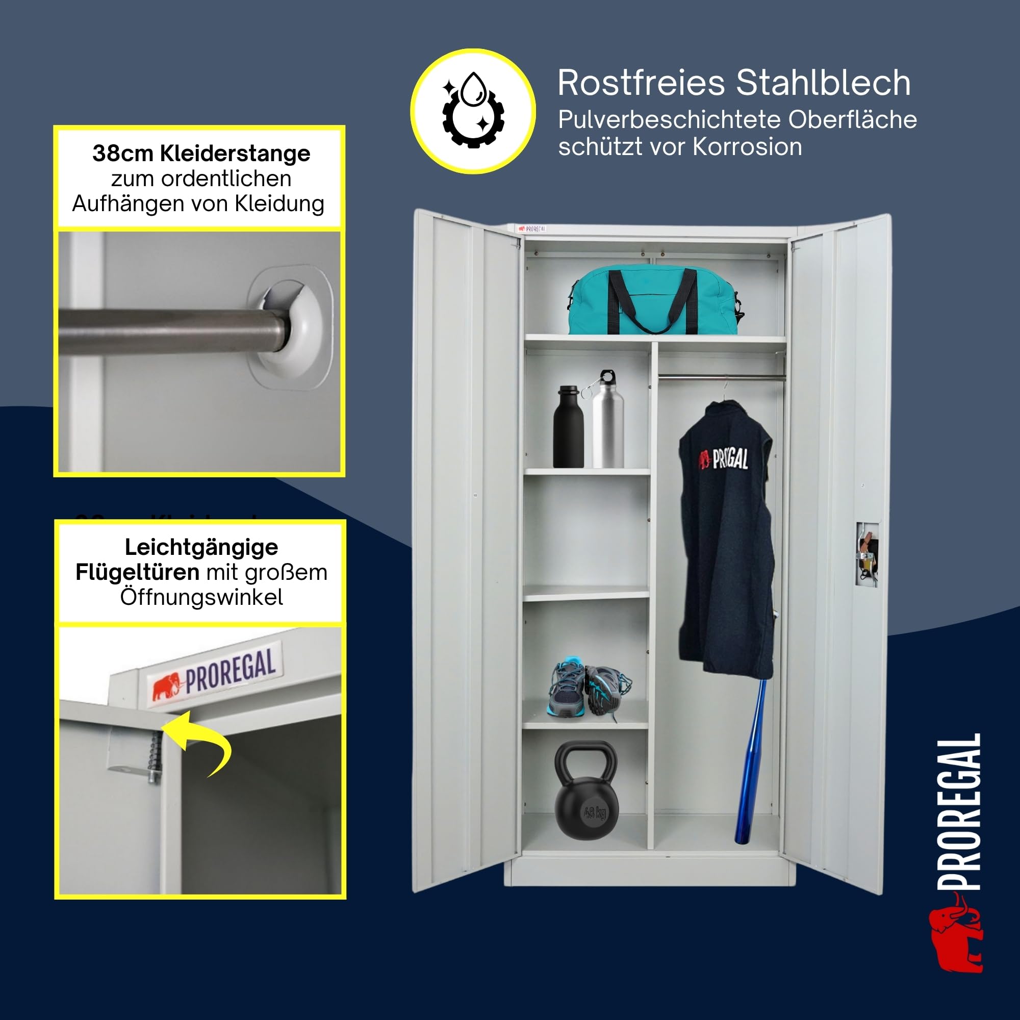 PROREGAL Flügeltürenschrank Elephant Metall Spind Schrank abschließbar 2 Türen 180x80x40cm Stahl 6 Fächern & Kleiderstange Stahlschrank Pulverbeschichtung Lichtgrau Garderobenschrank Aktenschrank