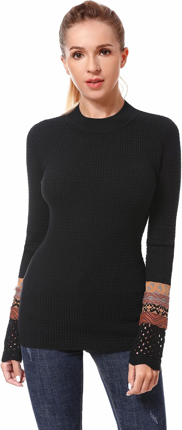AmélieBoutik Women Crew Neck Long Sleeve Fair Isle Eyelet Cuff Pullover Sweater - Image 3