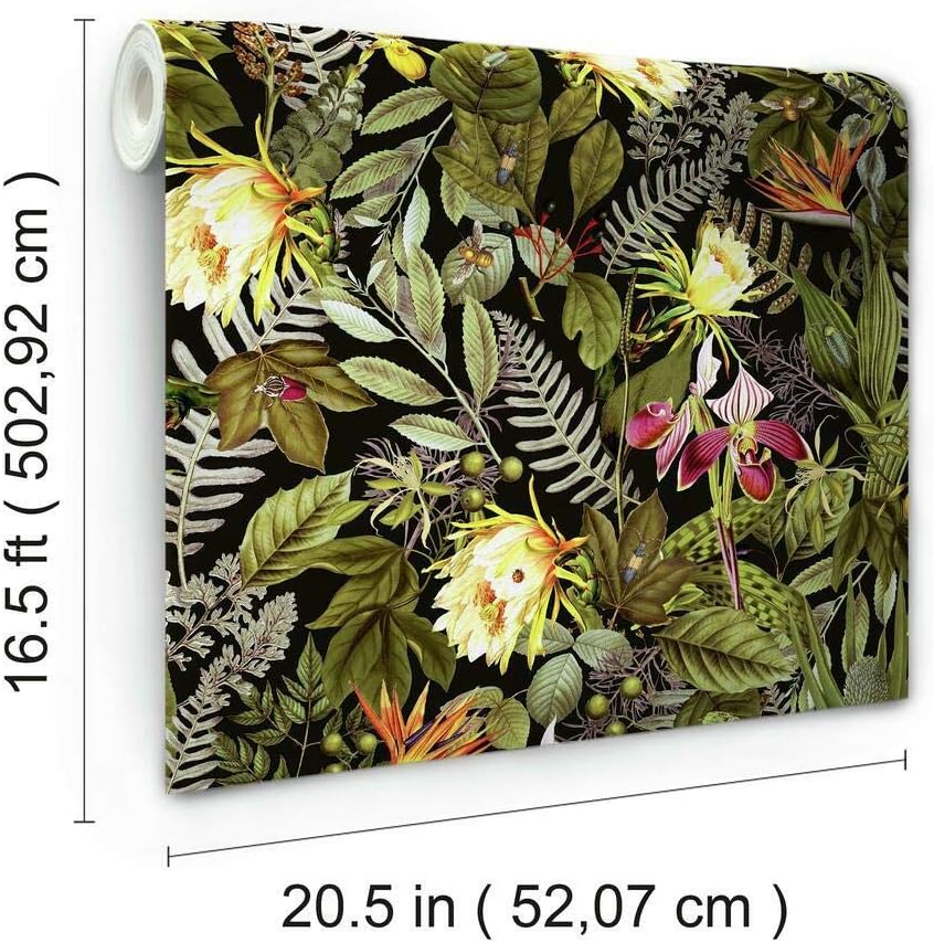RoomMates RMK11450WP Black and Green Tropical Flowers Peel and Stick Wallpaper (Pack of 2)