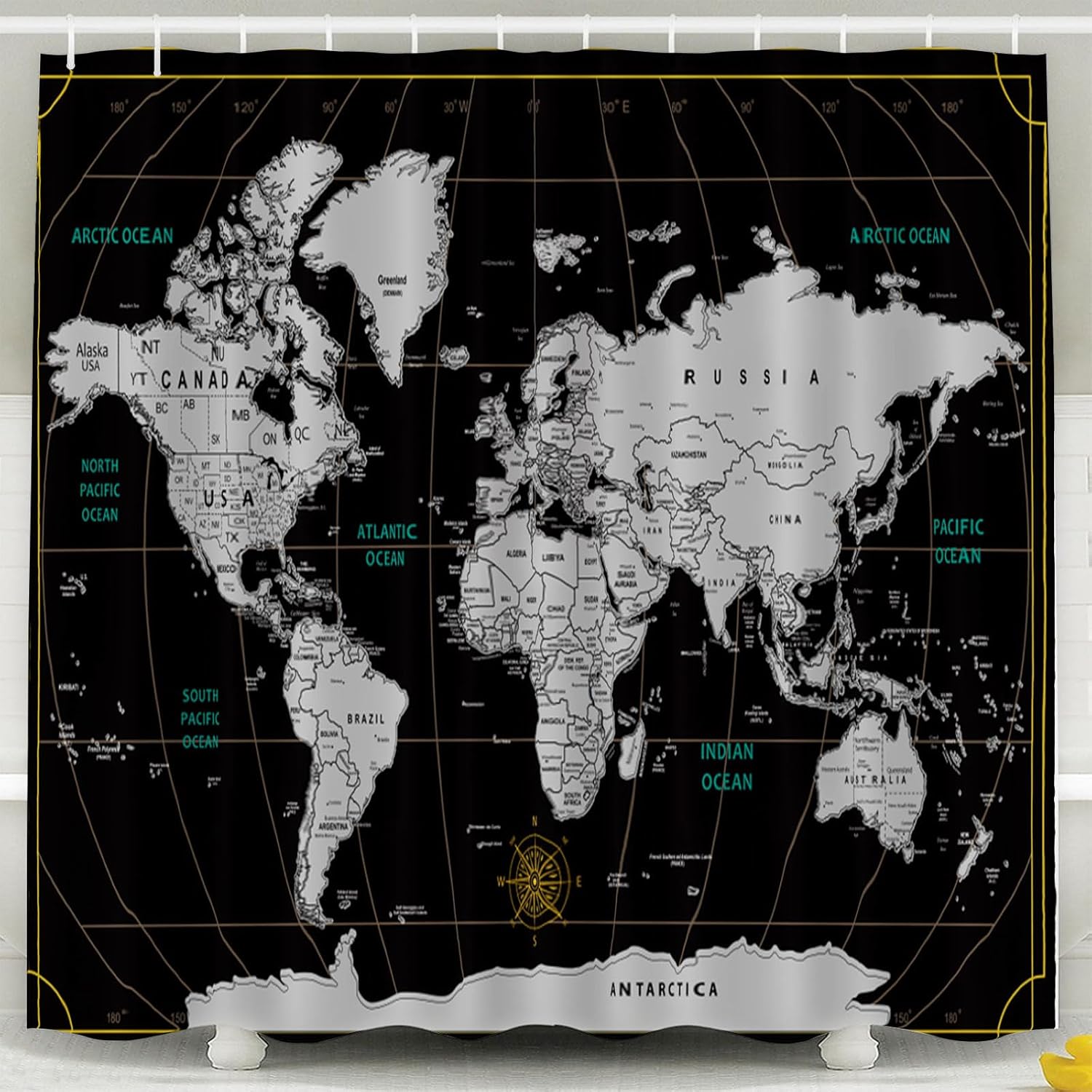 CAPSCEOLL Shower Curtain,Scratch Travel Map World Black Fabric Shower Curtain for Bathroom,Waterproof Shower Curtain Set with Hooks,72X72