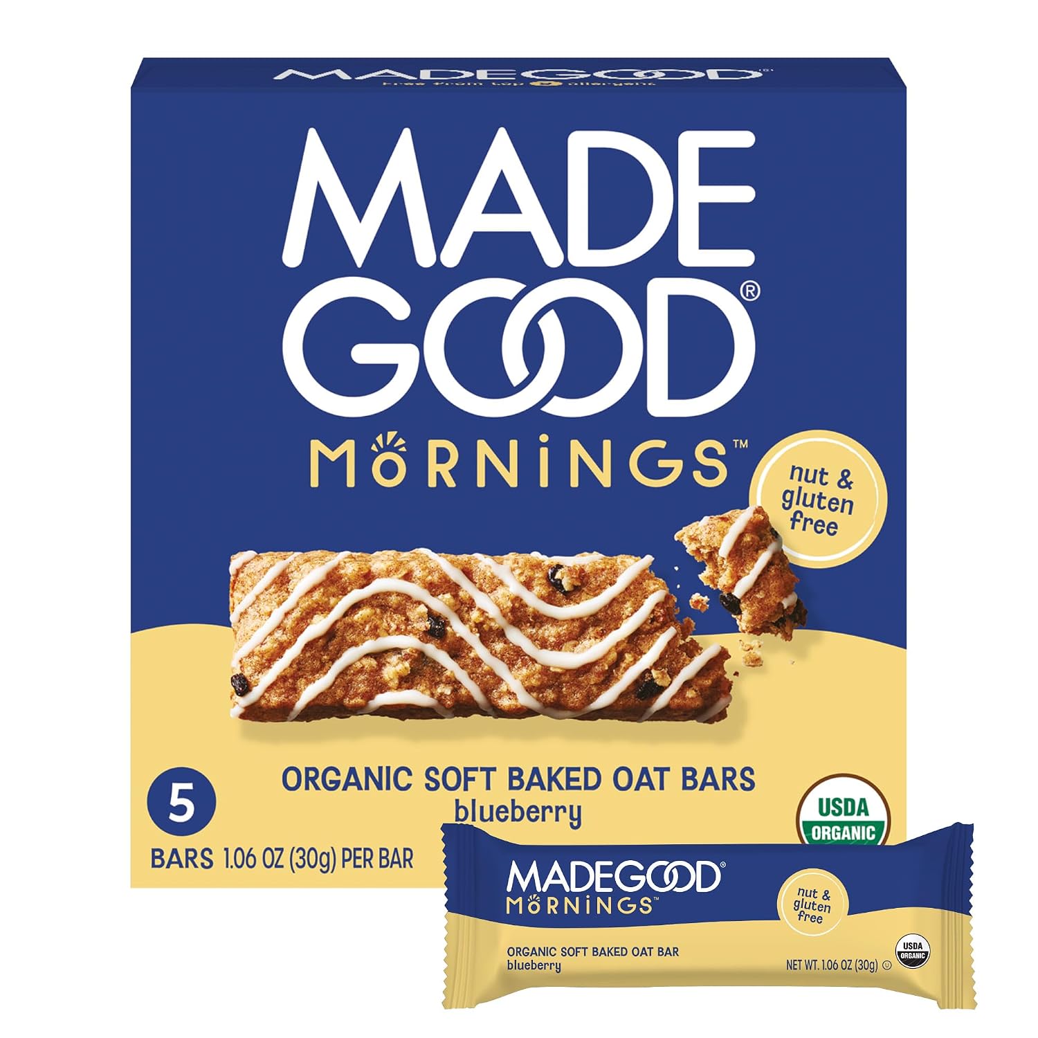 MadeGood Morning Blueberry Bars, Organic Snacks (5ct/4.25oz)