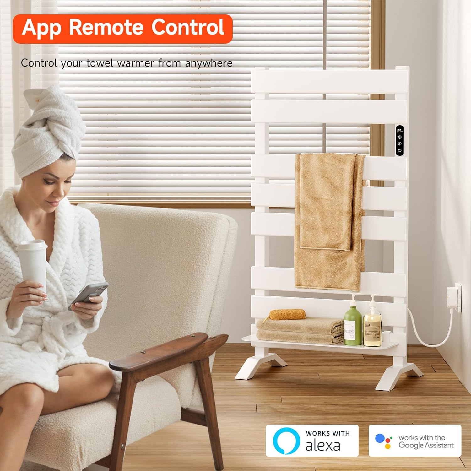 Towel Warmer,Freestanding Electric Towel Warmer with Storage Shelf - 8 Bars White Towel Warmer Rack,WiFi Heated Towel Rack with Timer and LED Indicator