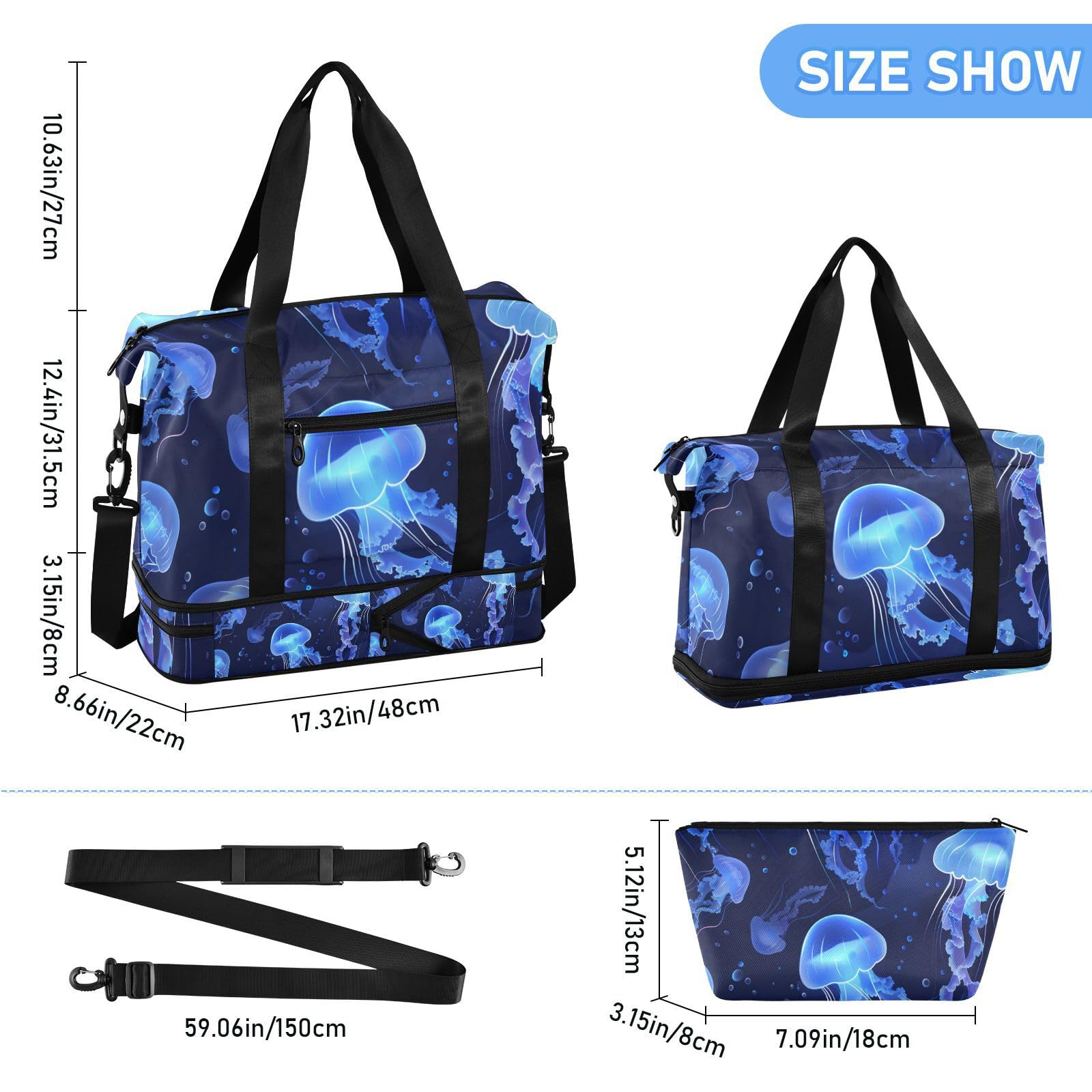 Borsone da viaggio con meduse blu galleggianti in mare, borsa da viaggio con tracolla regolabile, multifunzionale, Medusa blu galleggiante in mare, 1 size