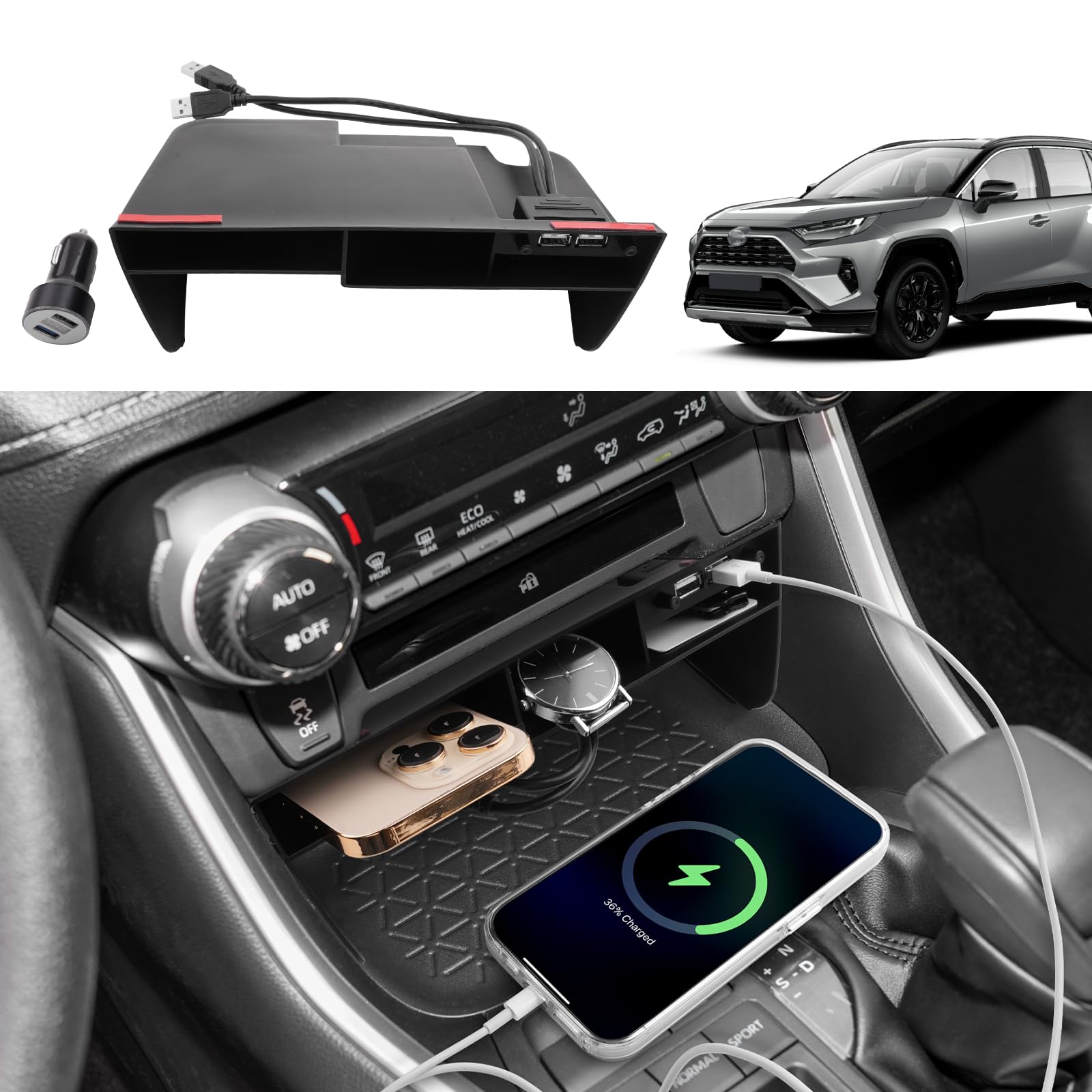 Scatola Portaoggetti del Console Centrale Compatibile con Toyota RAV4 2019-2025, Portaoggetti del Bracciolo Centrale, RAV4 Accessori Organizer per Braccioli con USB Ricaricabile