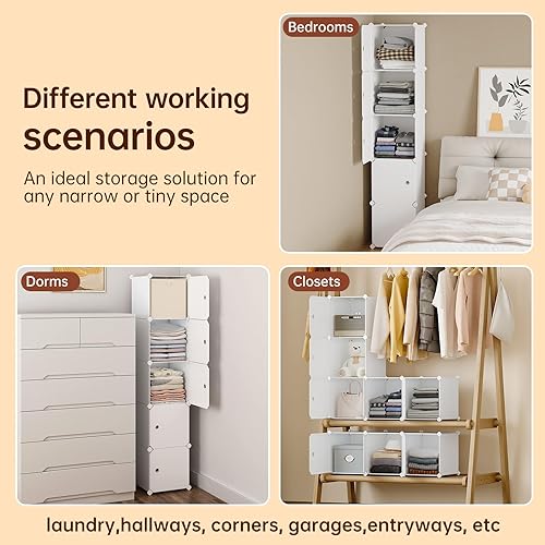 Miniatura 5 de MAGINELS Armario de almacenamiento de 5 cubos, almacenamiento estrecho de ropa con puertas, estantes organizadores de pie altos de plástico para